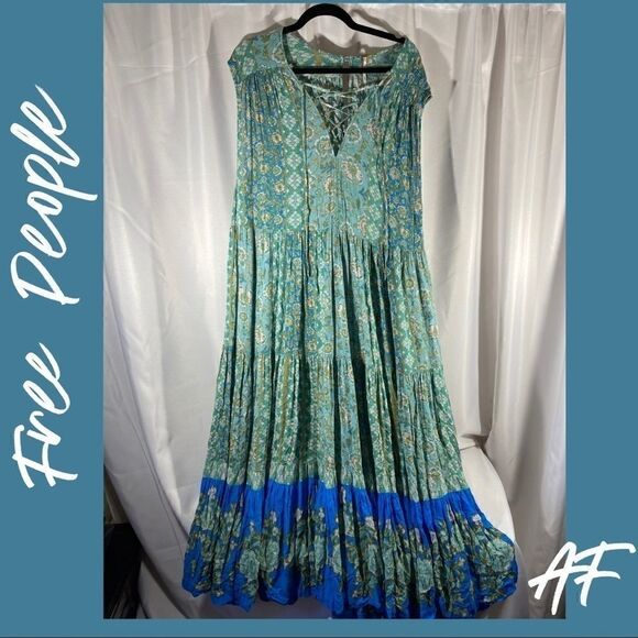 FREE PEOPLE HANALEI BAY MAXI DRESS BLUE GREEN NEW - Picture 5 of 6